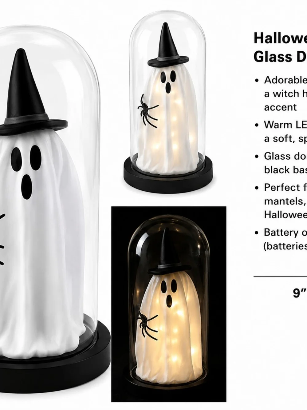 Halloween Lighted Ghost Glass Dome Witch Hat Spider Decor 9